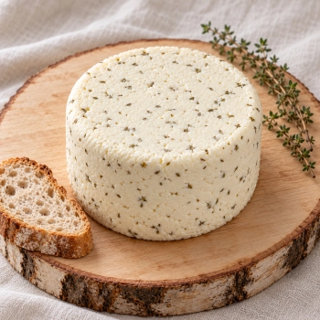 Niewędzony ser podpuszczkowy z macierzanką 2,5 kg na desce z jasnego drewna z korą, z ziołami i pieczywem.